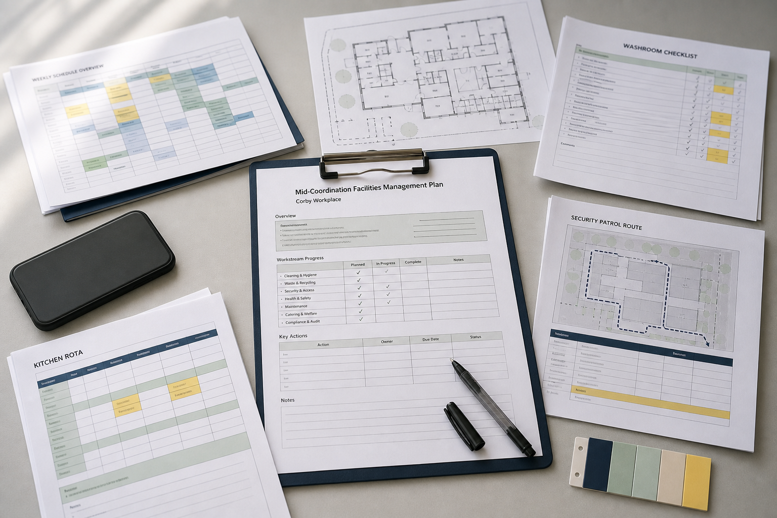 A desk with a facilities management plan on a clipboard, surrounded by various charts and documents, and a smartphone.