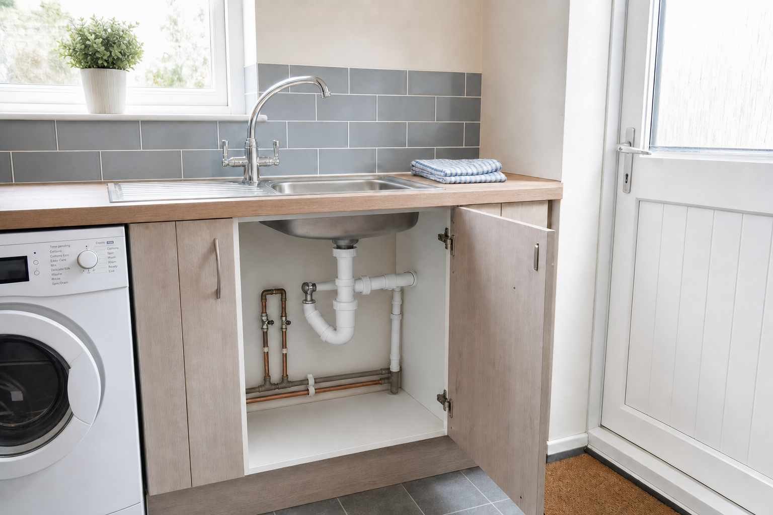 A kitchen sink with open cupboard showing plumbing, next to a washing machine and stack of folded towels.