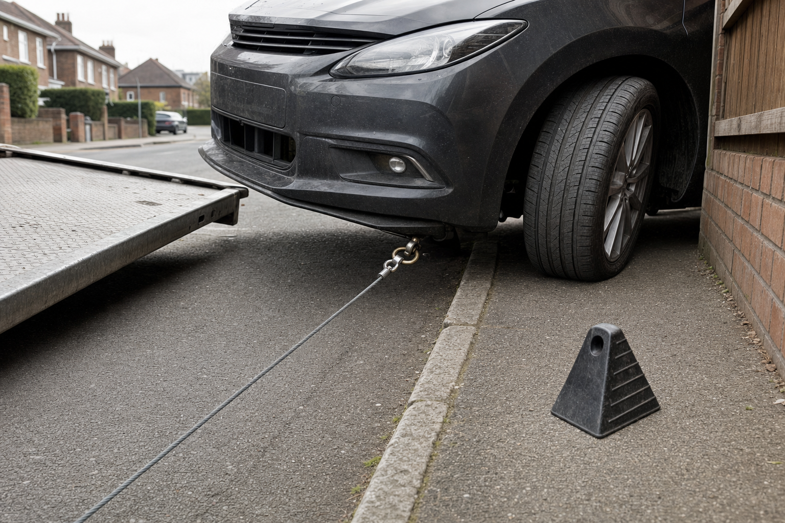 A dark car being winched onto a recovery truck on a residential street pavement.