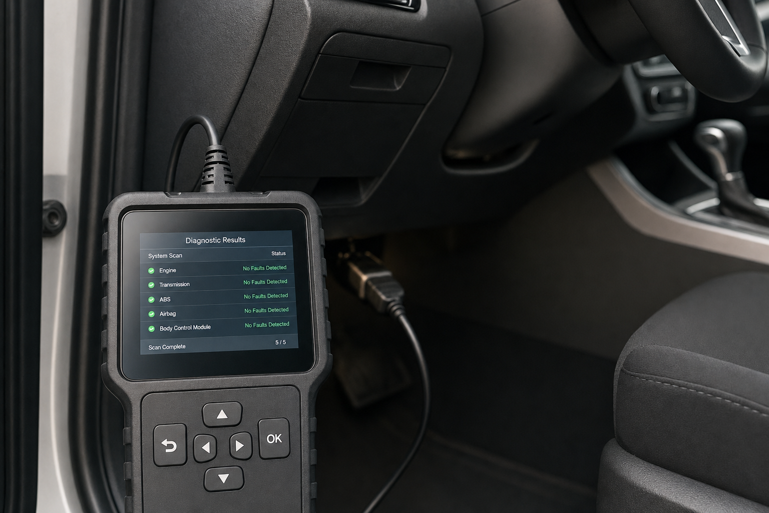 A car diagnostic tool displaying no faults detected is connected inside a vehicle.