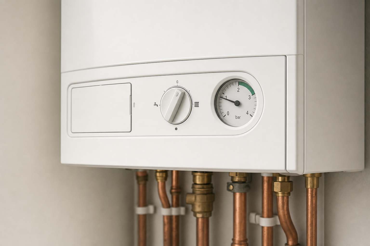 A white gas boiler with a pressure gauge and copper pipes is mounted on a wall.