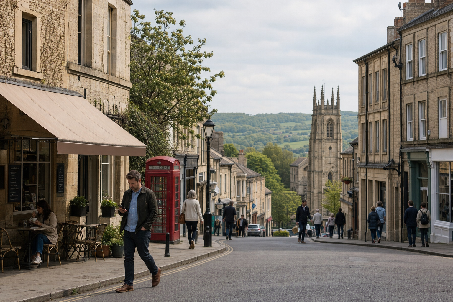 Quaint street with a red phone box, people walking, and a distant view of a church spire in a British town.