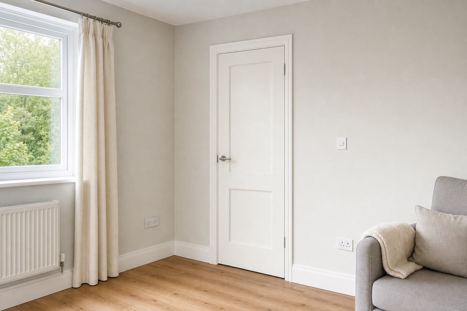 Minimalist living room corner with a closed white door, beige curtains, and a grey sofa with a cushion and blanket.