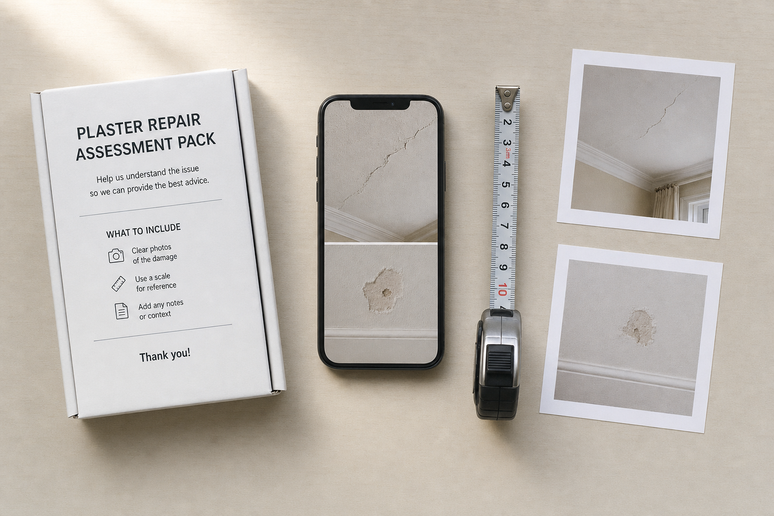 Plaster repair assessment kit with a measuring tape, smartphone showing wall damage, and printed photos of the damage.
