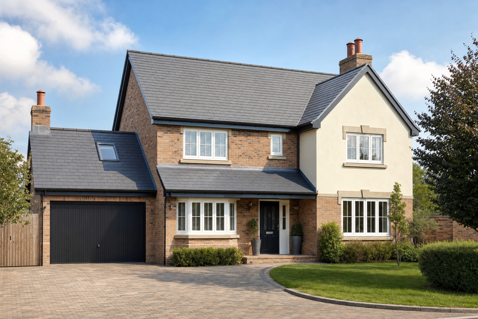 Modern suburban house with a brick exterior, grey roof, and a well-maintained front garden.