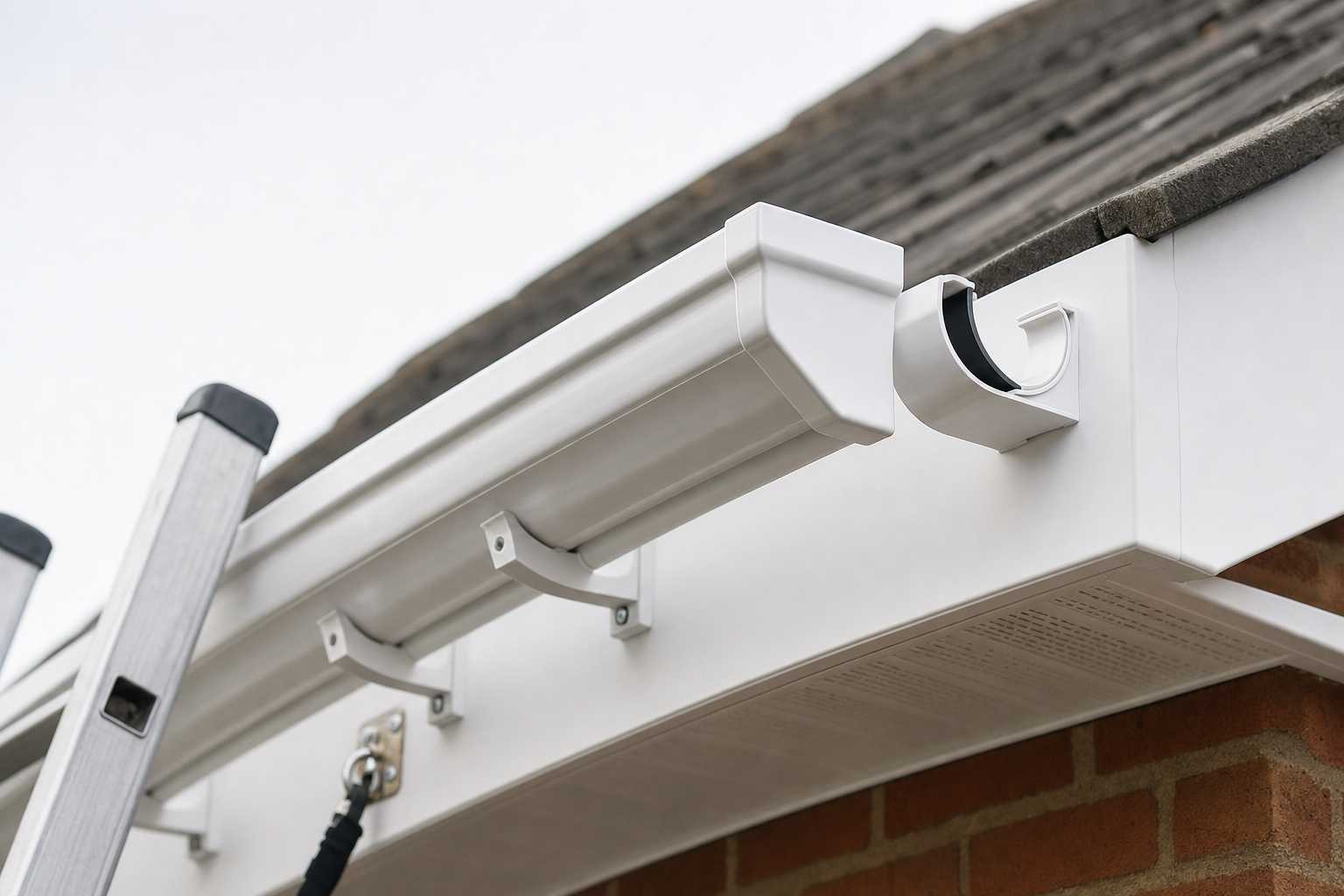A white plastic gutter system being installed on a brick house roof with a ladder and safety equipment.