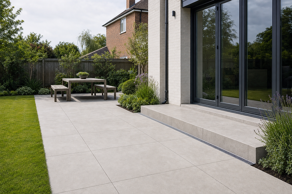 Modern patio with grey tiles, wooden table and benches, surrounded by green plants and a sliding glass door.