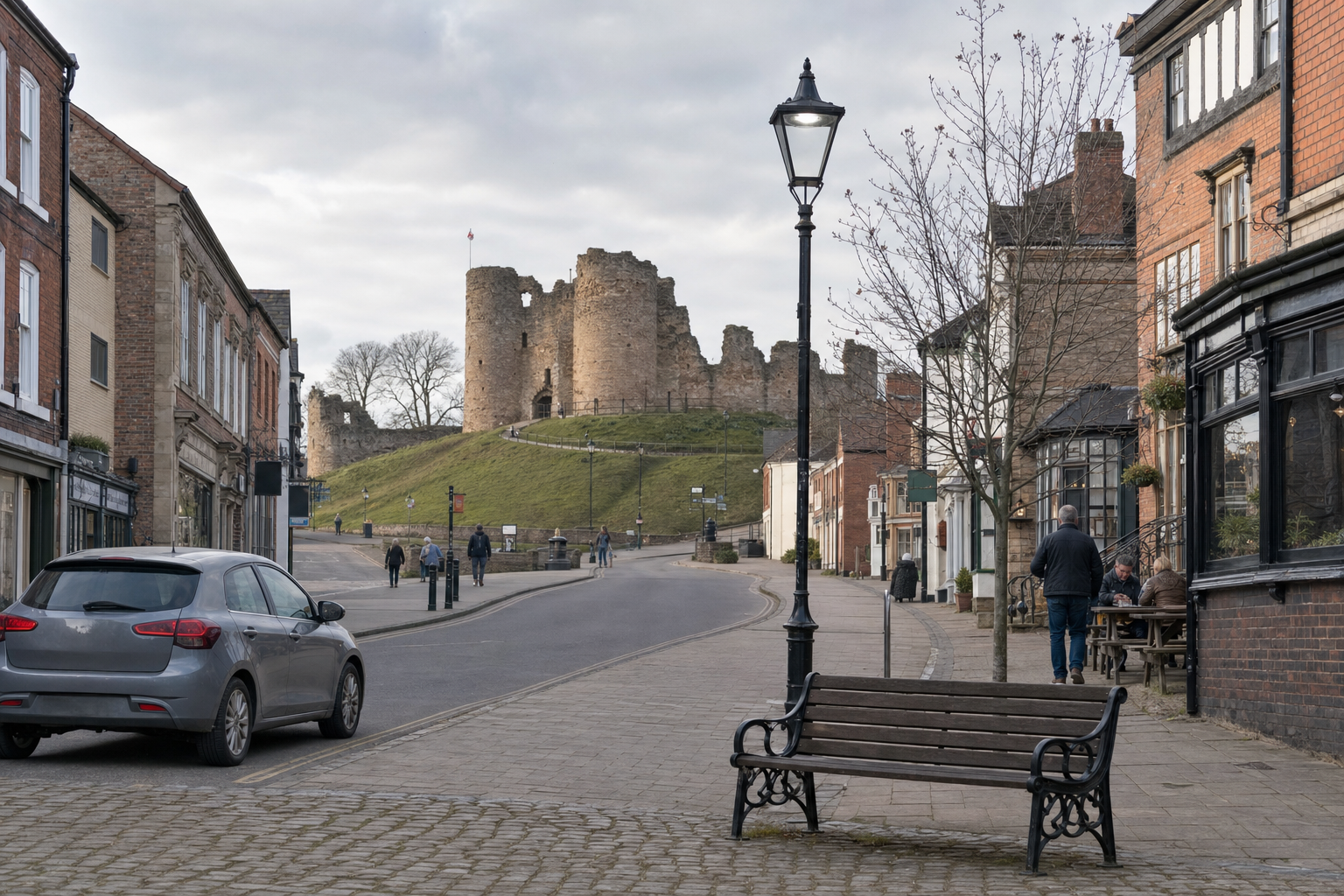 People walking along a street lined with shops and houses leading towards a historic stone castle on a hill.