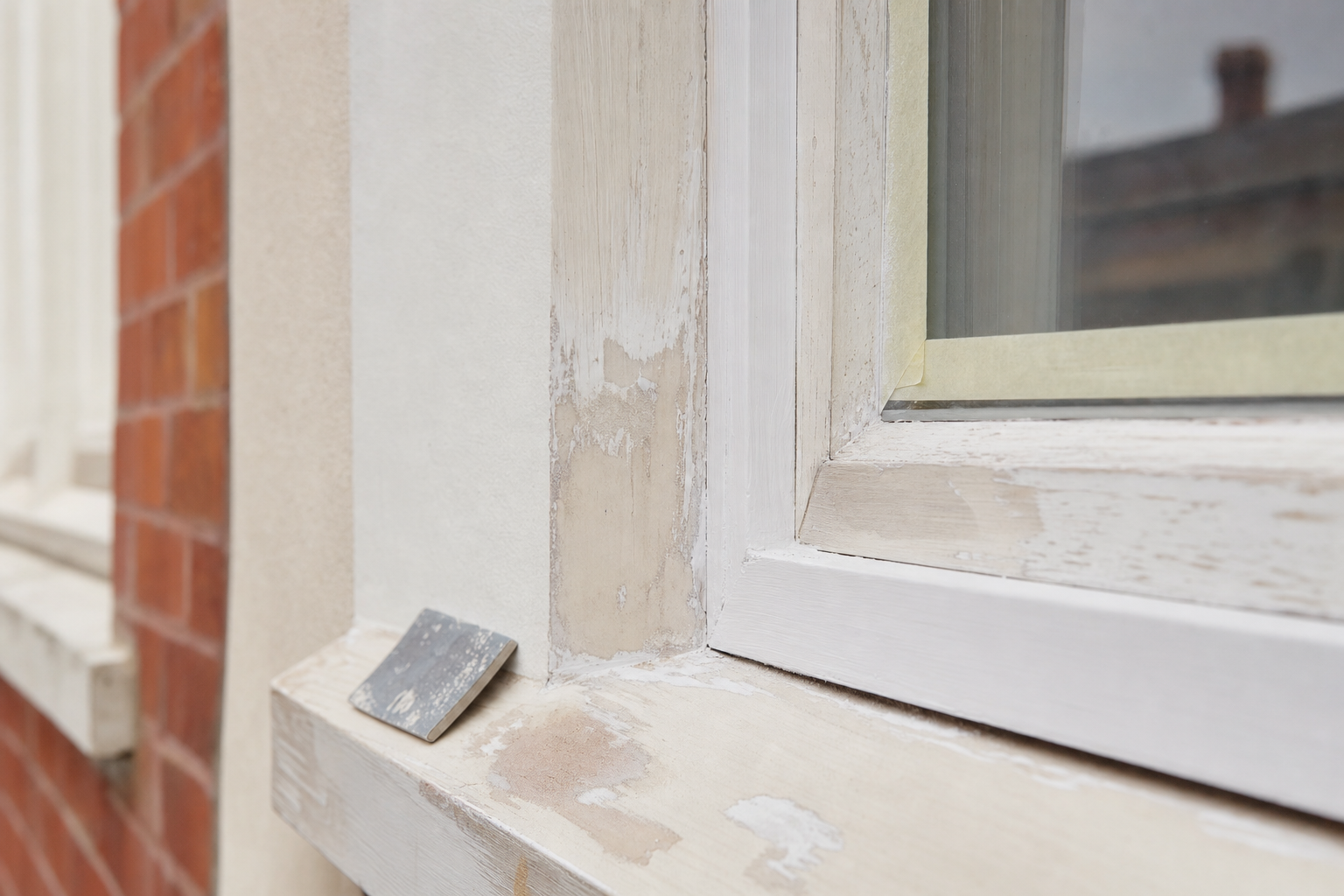 Close-up of exterior wall trim filled and sanded prior to painting