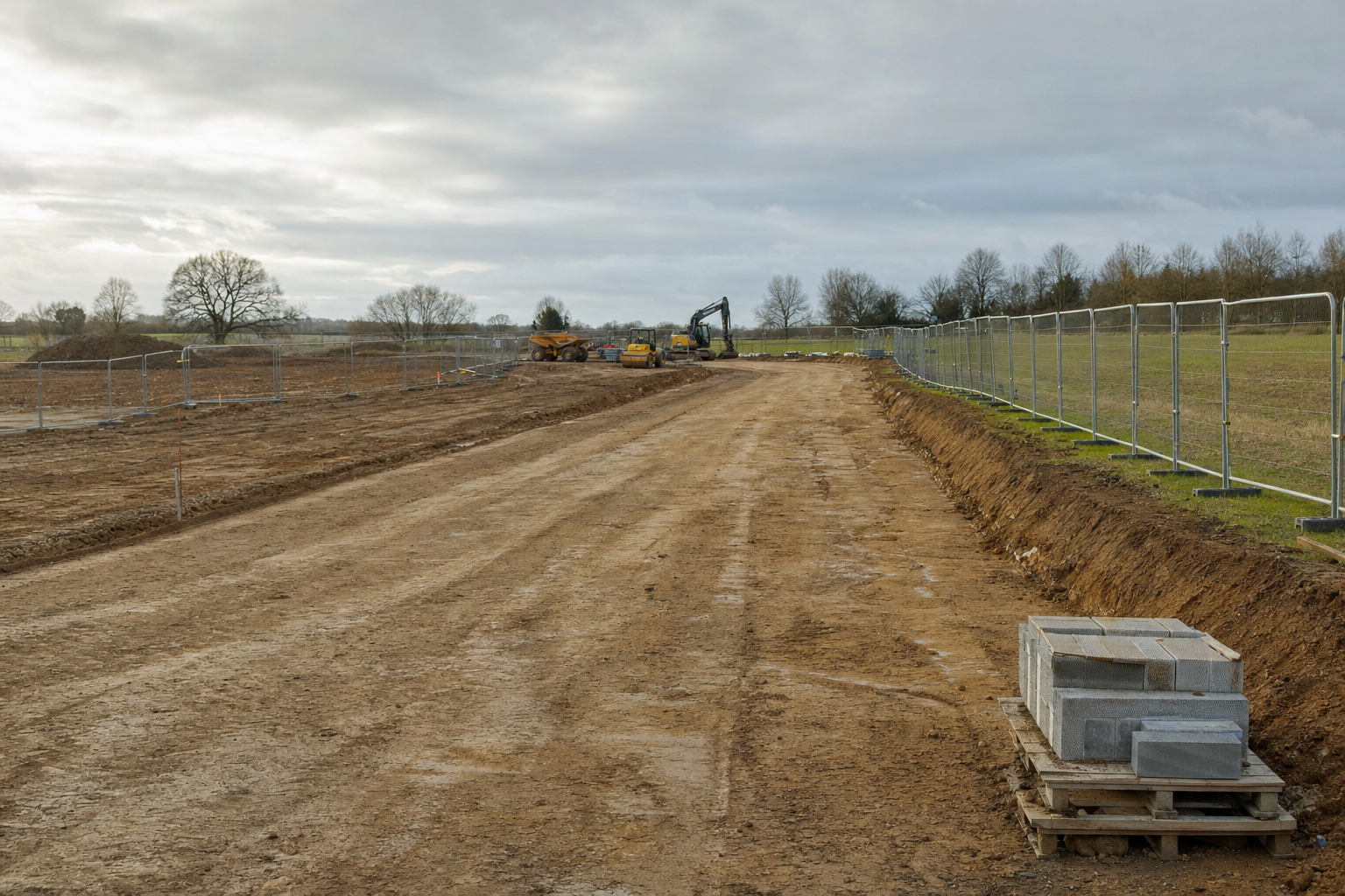 Construction site with earth-moving equipment, fenced perimeter, and stacks of concrete blocks on a dirt road.