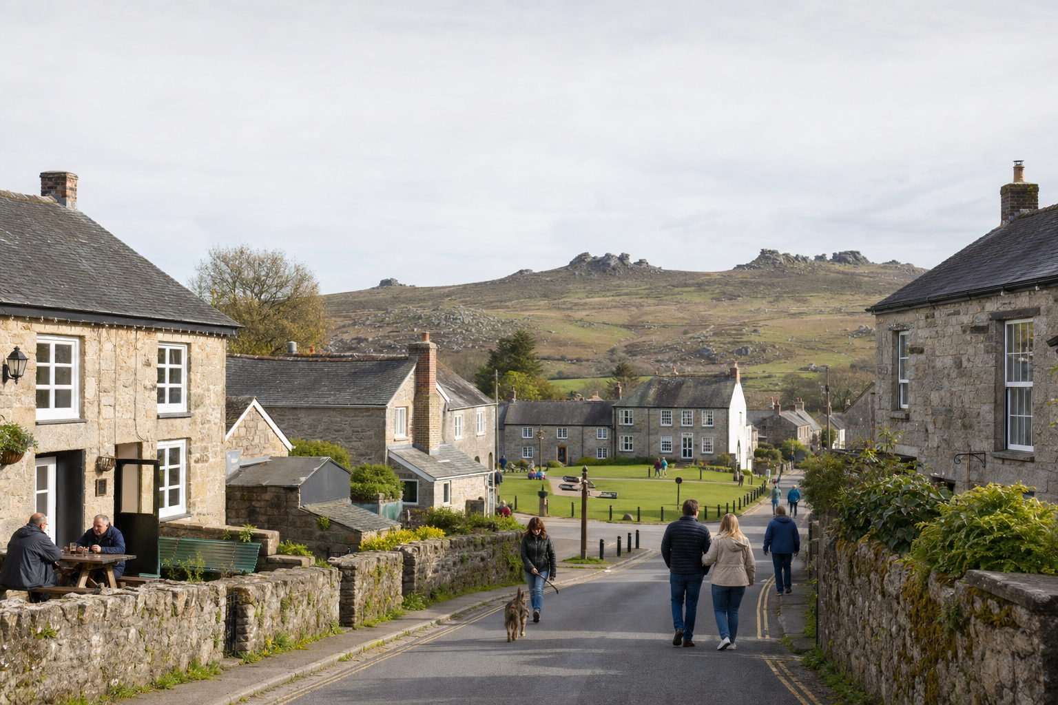 A quaint village scene with people walking dogs and chatting outside stone cottages, set against rolling hills.
