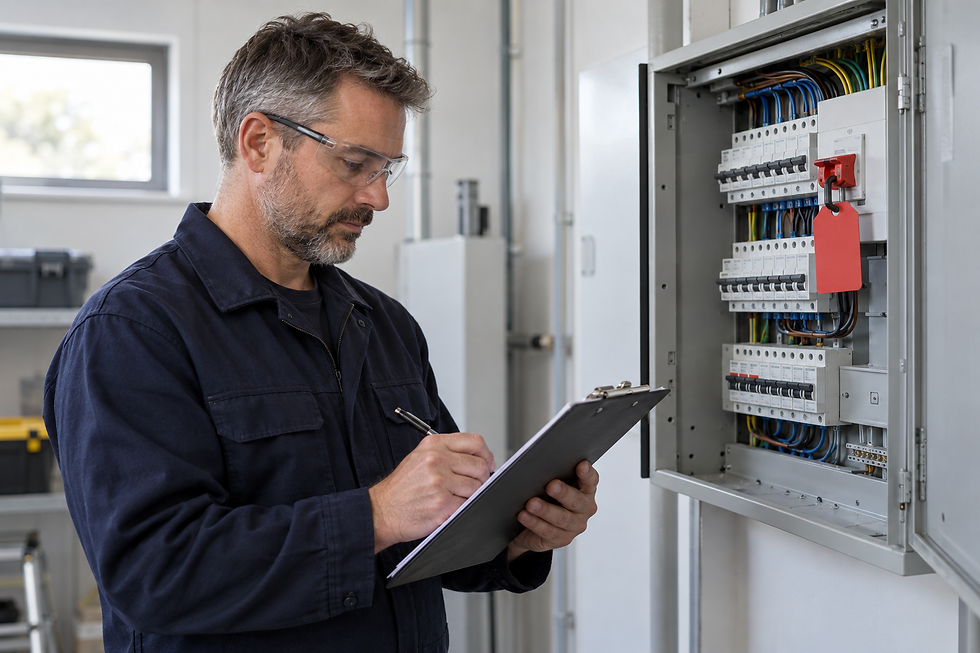 An electrician in safety goggles inspects a fuse box and takes notes on a clipboard.