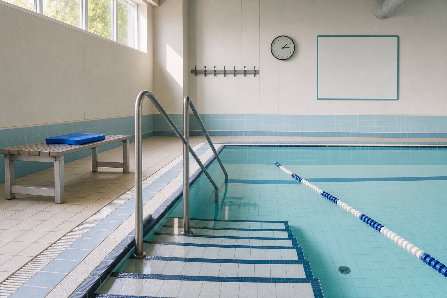 Indoor swimming pool with tiled steps, a lane divider, a clock, and a bench with a blue cushion on a sunny day.