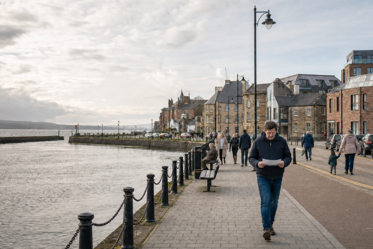 A man reads a paper while walking along a riverside promenade with historic buildings and people strolling around.