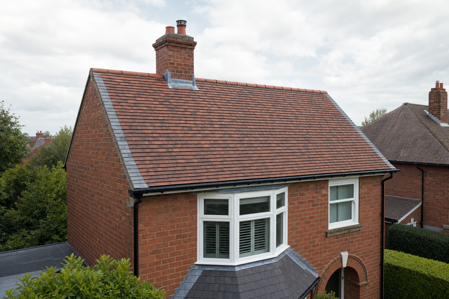 A red-brick house with a gabled roof, chimney, and a front bay window surrounded by greenery.