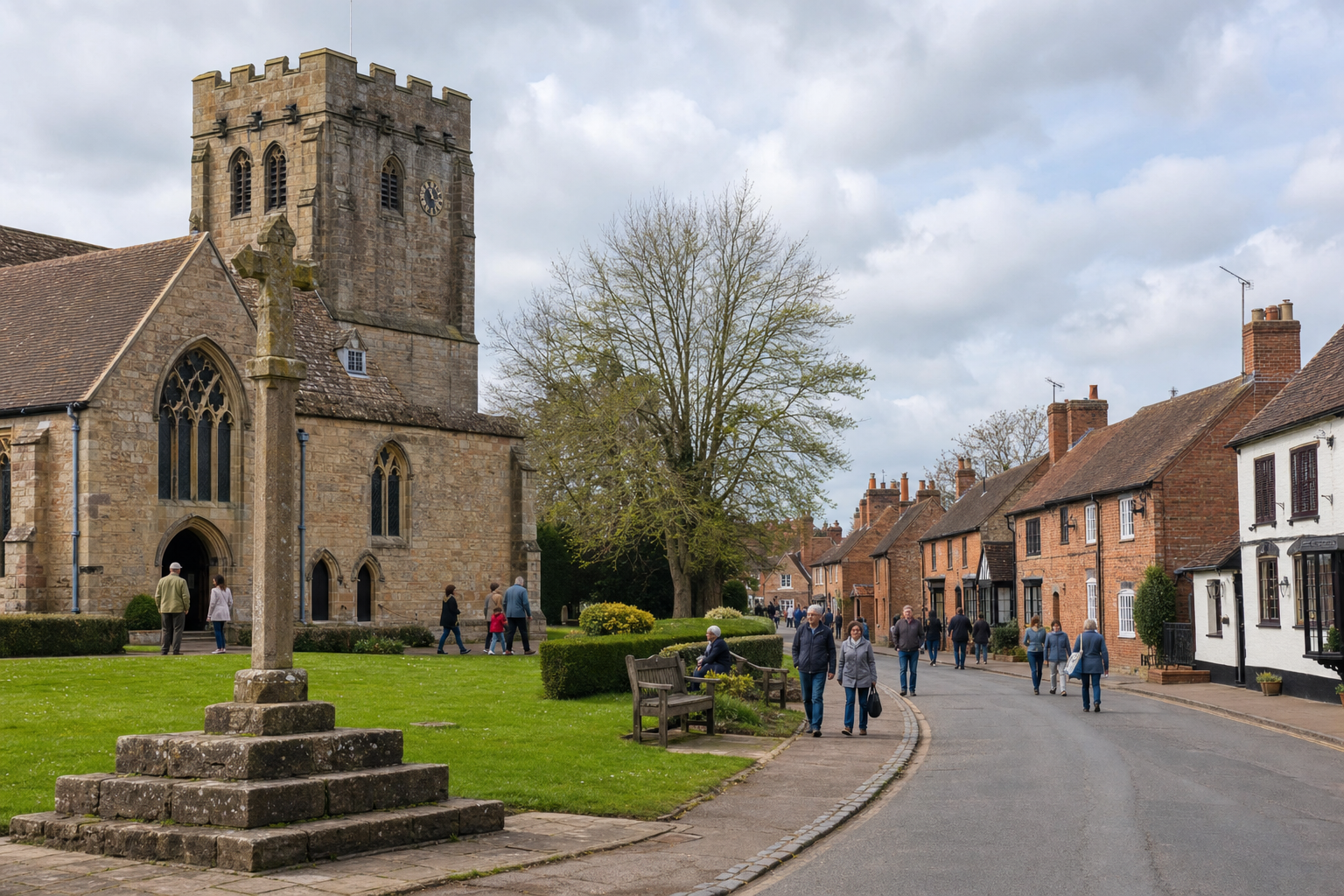 People walking near a historic stone church and traditional brick houses on a cloudy day.