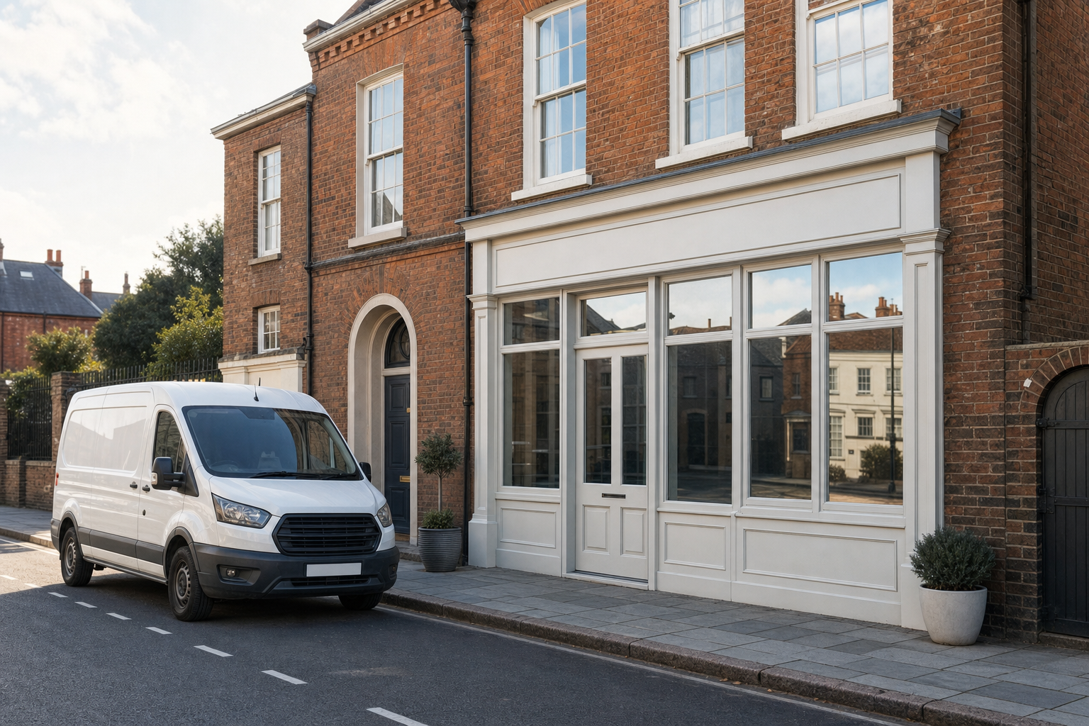 White service van parked outside a shopfront for a property maintenance company in Colchester.