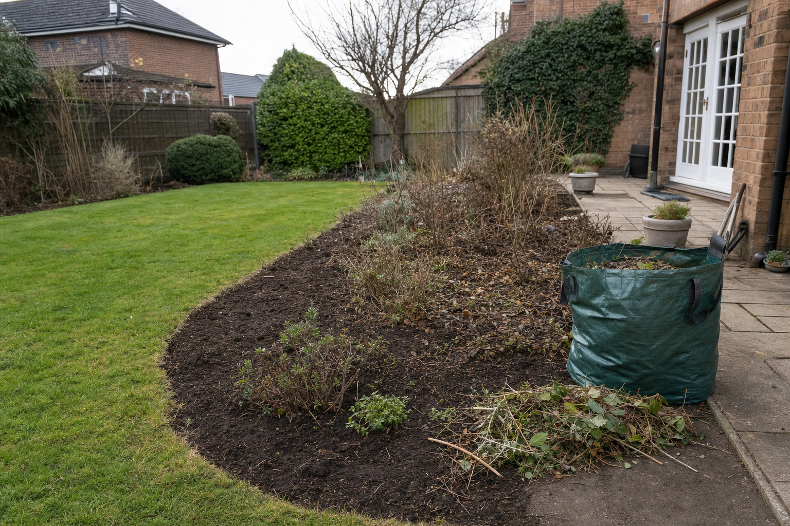 A tidy garden with trimmed shrubs, a bag of garden waste, and a patio beside a brick house.