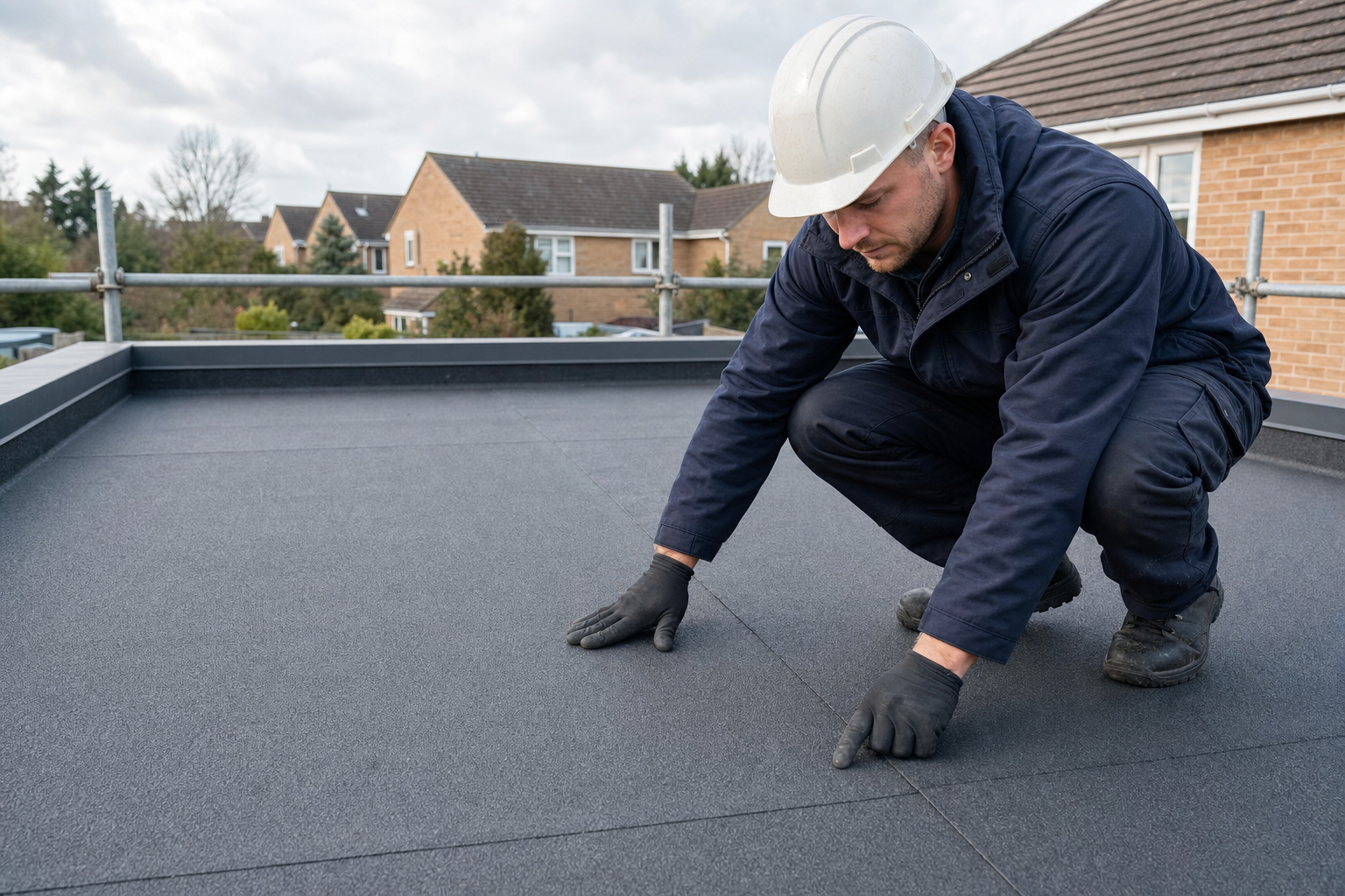 Worker in a hard hat and gloves examines a flat roofing surface on a residential building.