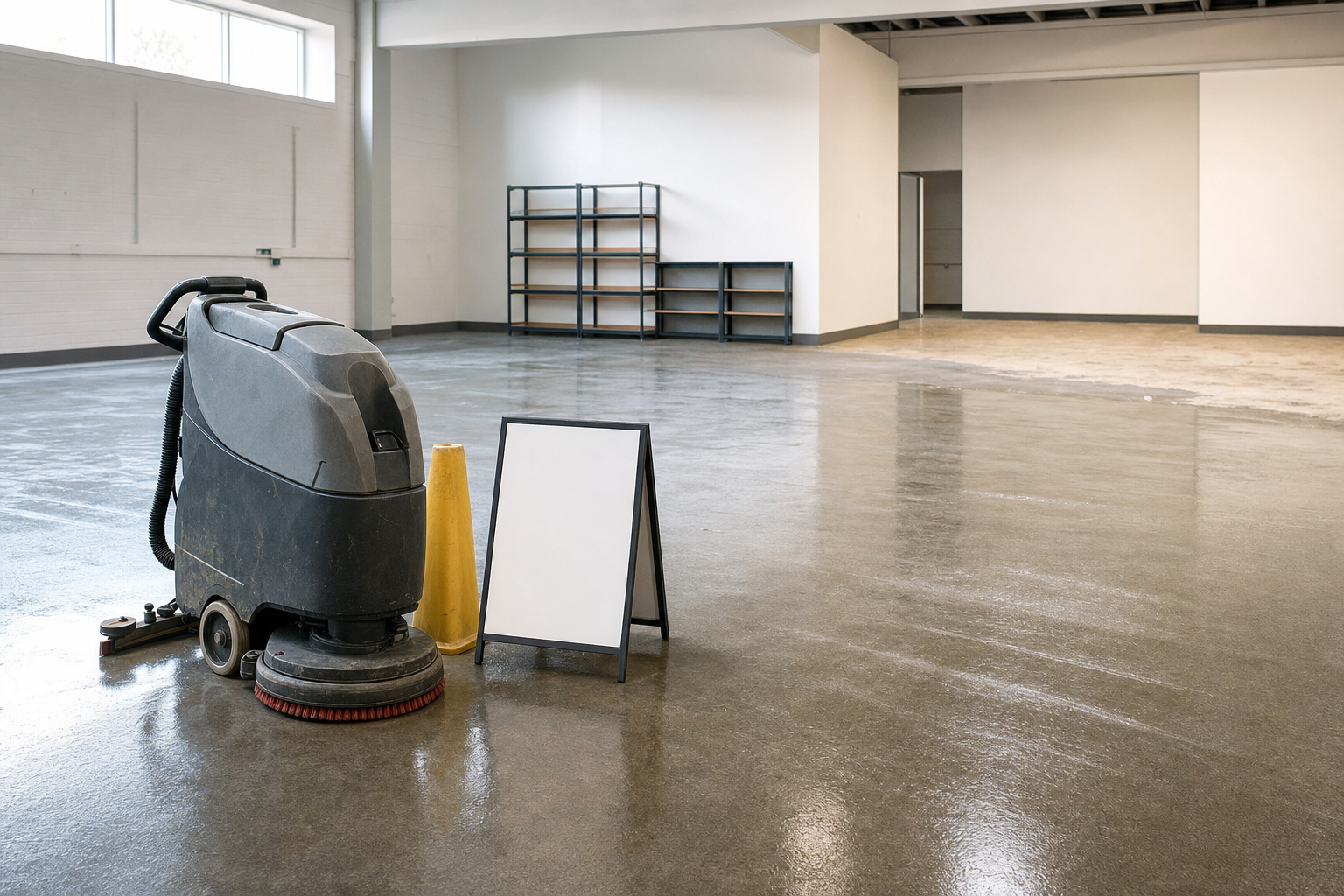 Industrial floor cleaner and caution sign in a spacious, empty room with shelves.