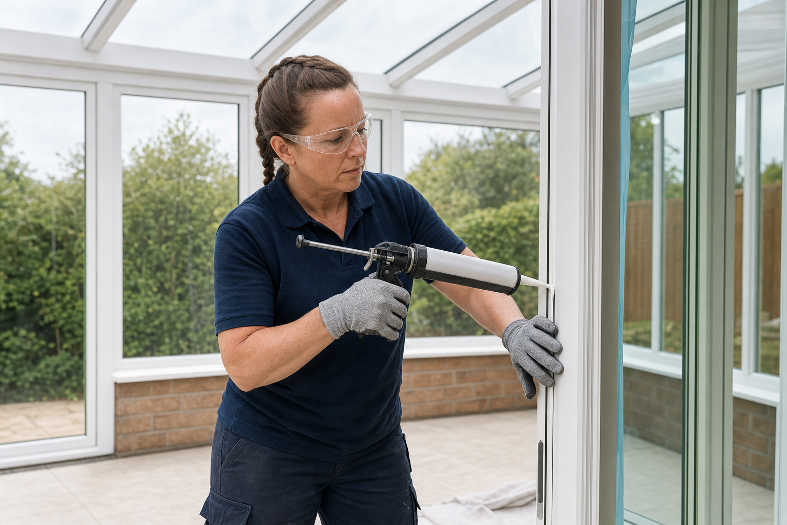 A woman in safety glasses and gloves applies sealant to a conservatory door frame.