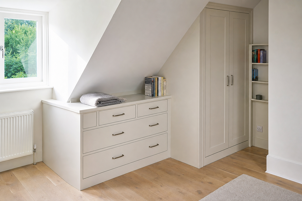 A minimalist bedroom corner with a white dresser, wardrobe, shelves, and a window overlooking greenery.