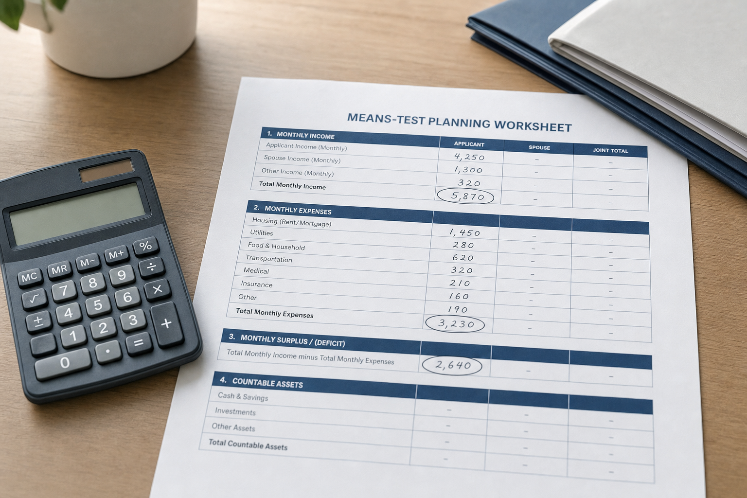 Means-test planning worksheet next to a calculator on a wooden desk.