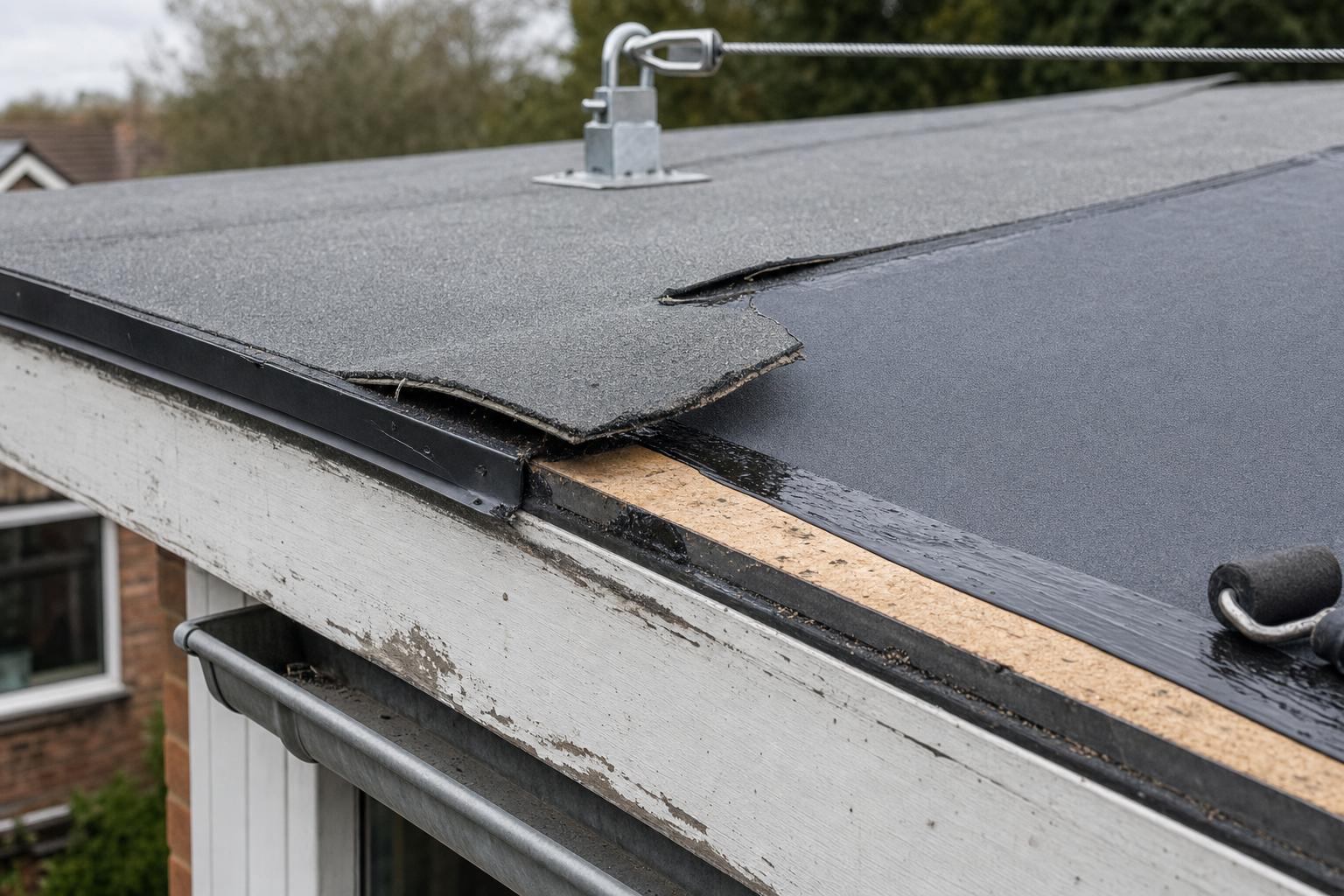 Damaged flat roof with exposed underlayer and a safety cable attachment point in an outdoor setting.