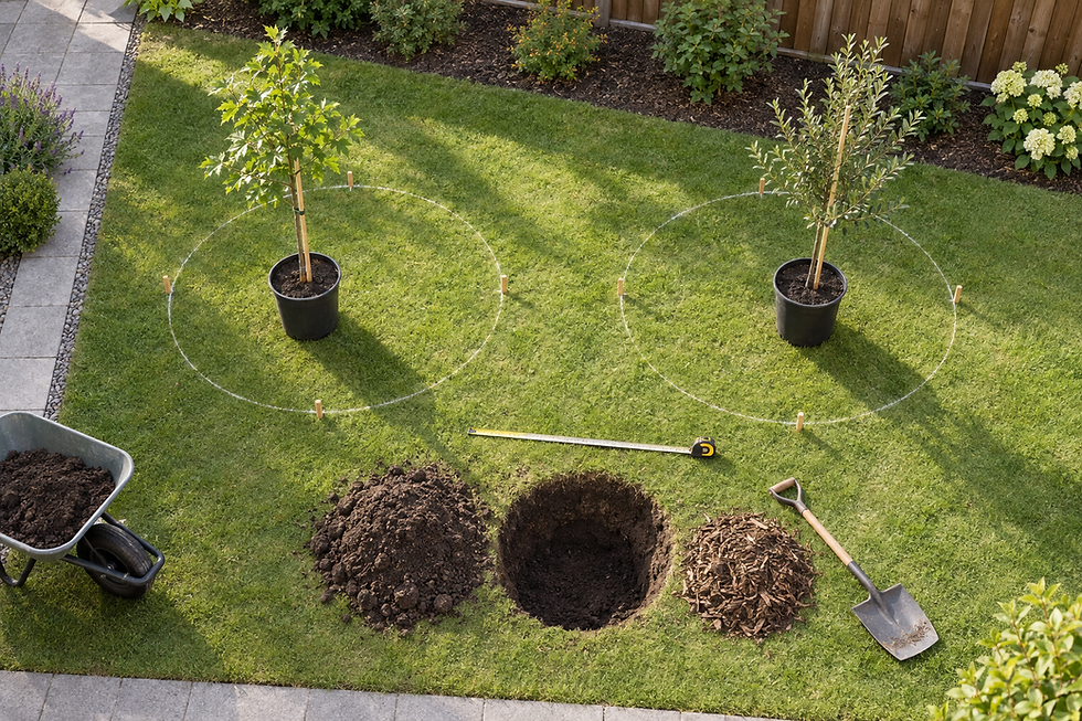 Two potted trees on a lawn with marked planting circles, a dug hole, a pile of soil, a wheelbarrow, a tape measure, and a