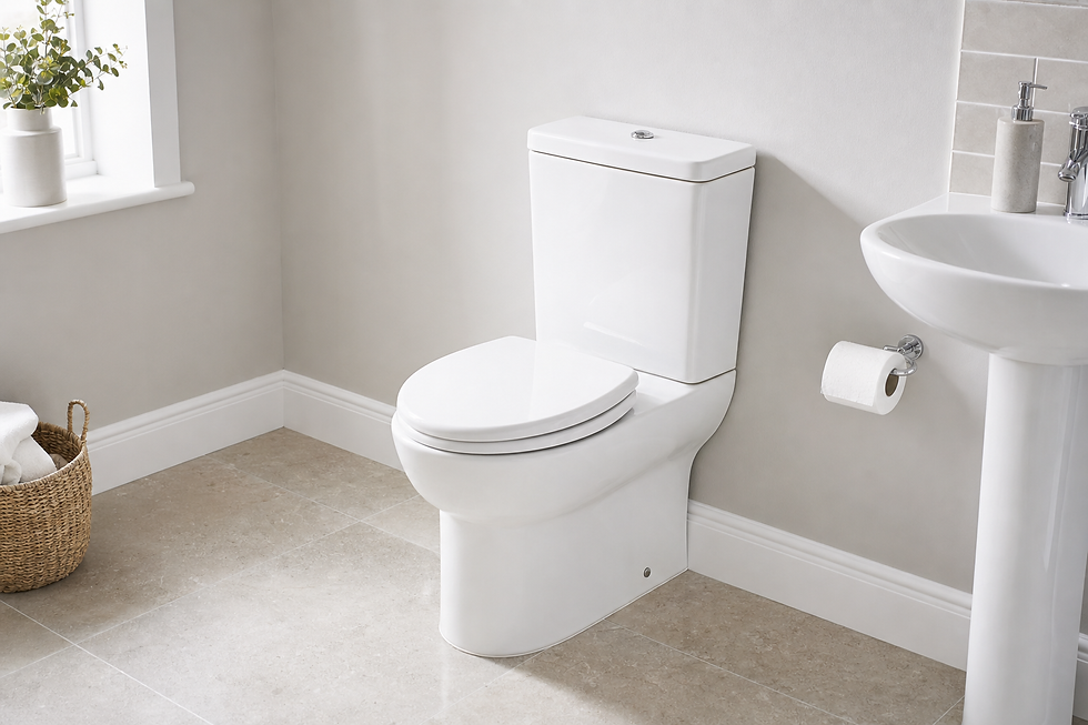 A modern white toilet in a clean, minimalist bathroom with a roll of toilet paper and a basket containing towels.
