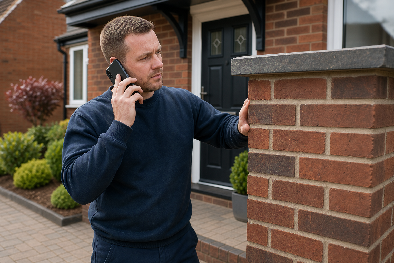 Man in a navy jumper leans on a brick pillar while speaking on a mobile phone outside a modern house.