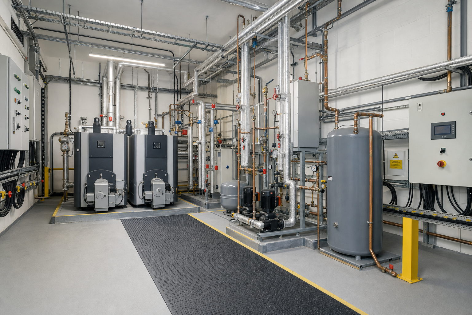 Industrial boiler room with complex piping, control panels, and large grey tanks.