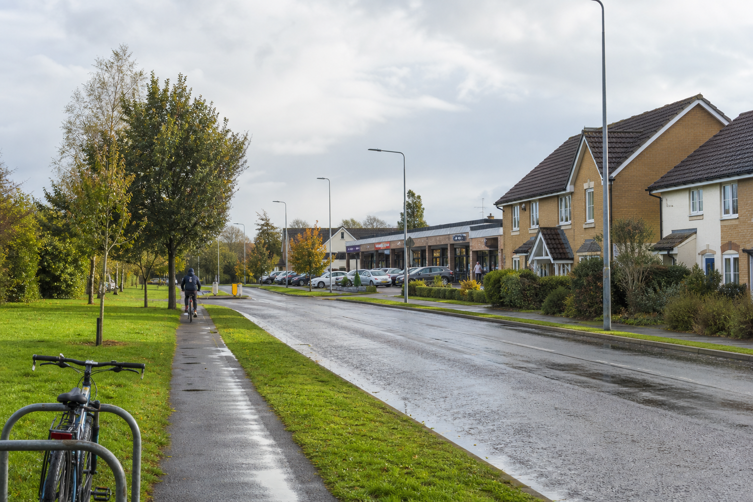 Suburban street scene with a bicyclist on the footpath, parked cars, and houses under a cloudy sky.