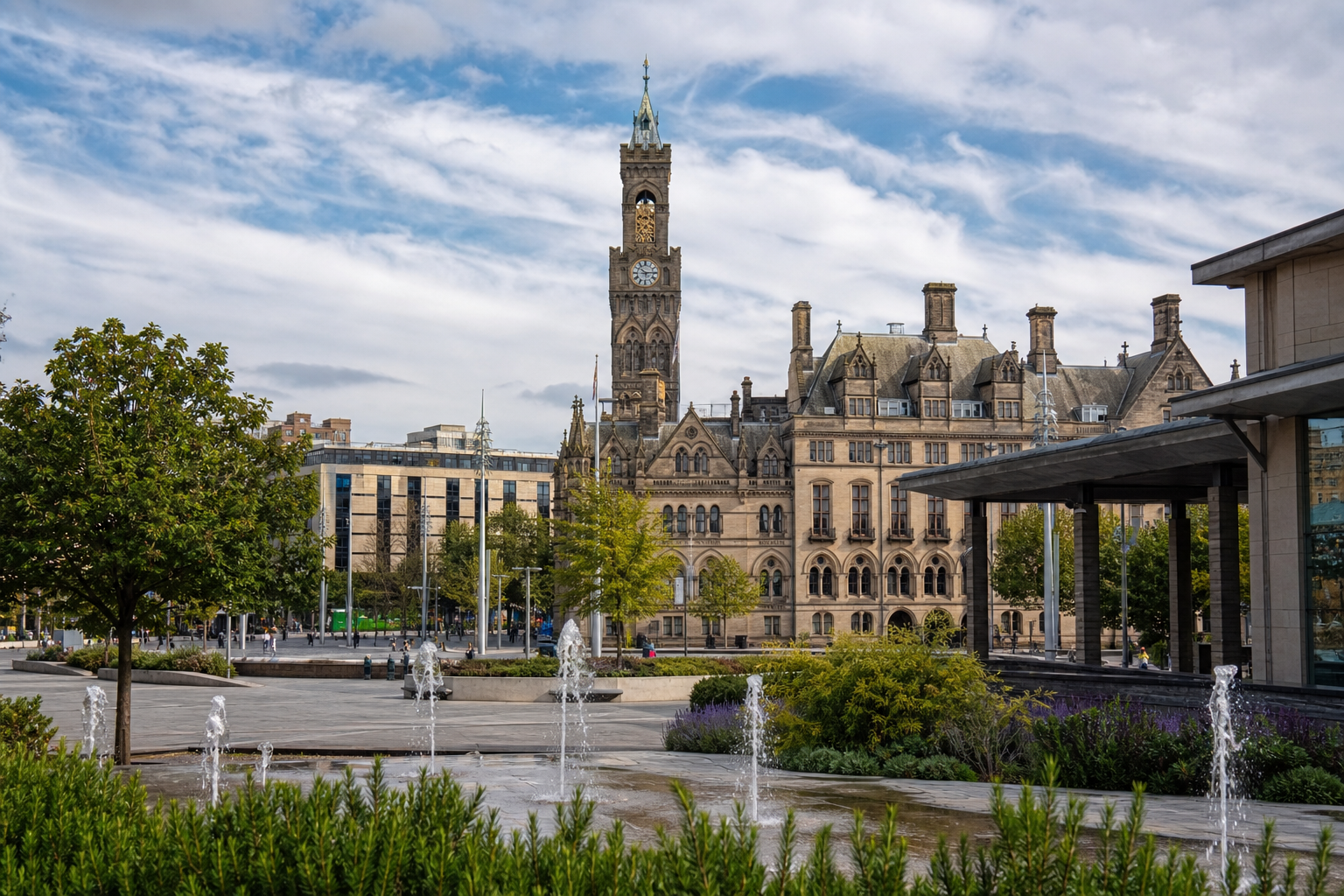 Historic building with clock tower behind a landscaped plaza and fountains.