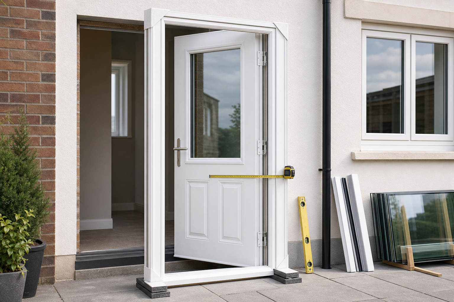 White door installation with a tape measure and level, adjacent to a window and panes of glass.
