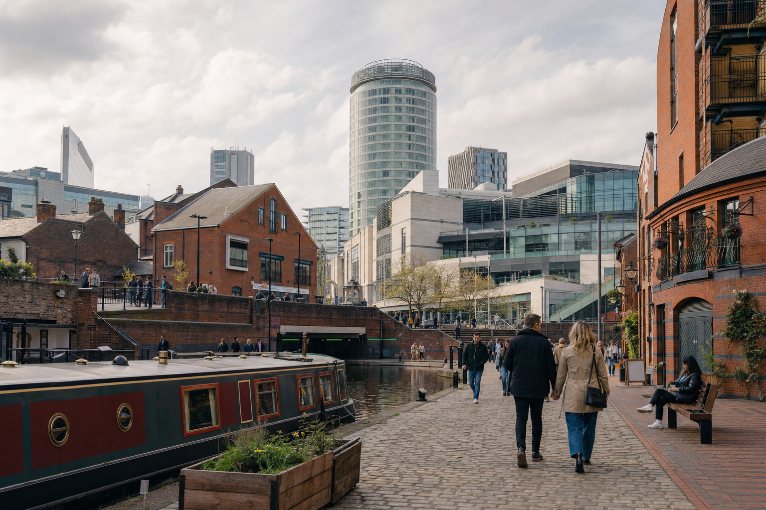 Two people walk along a canal towpath with modern buildings and a narrowboat in the background.