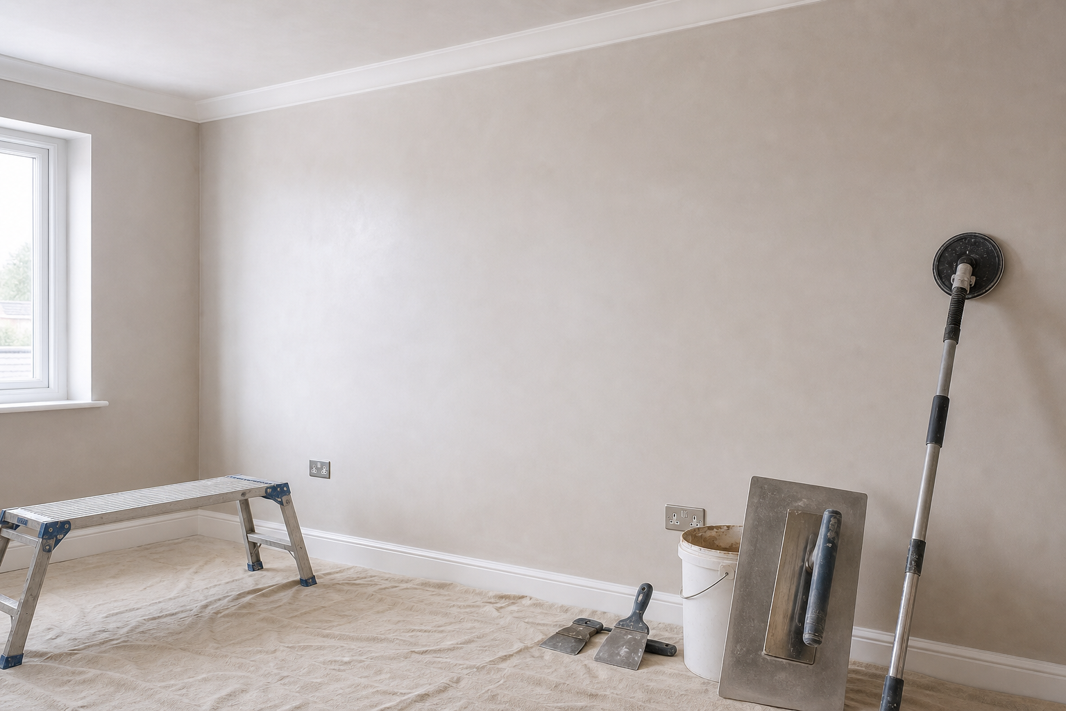 Room under renovation with tools, a step ladder, and a sanding pole against a beige wall.