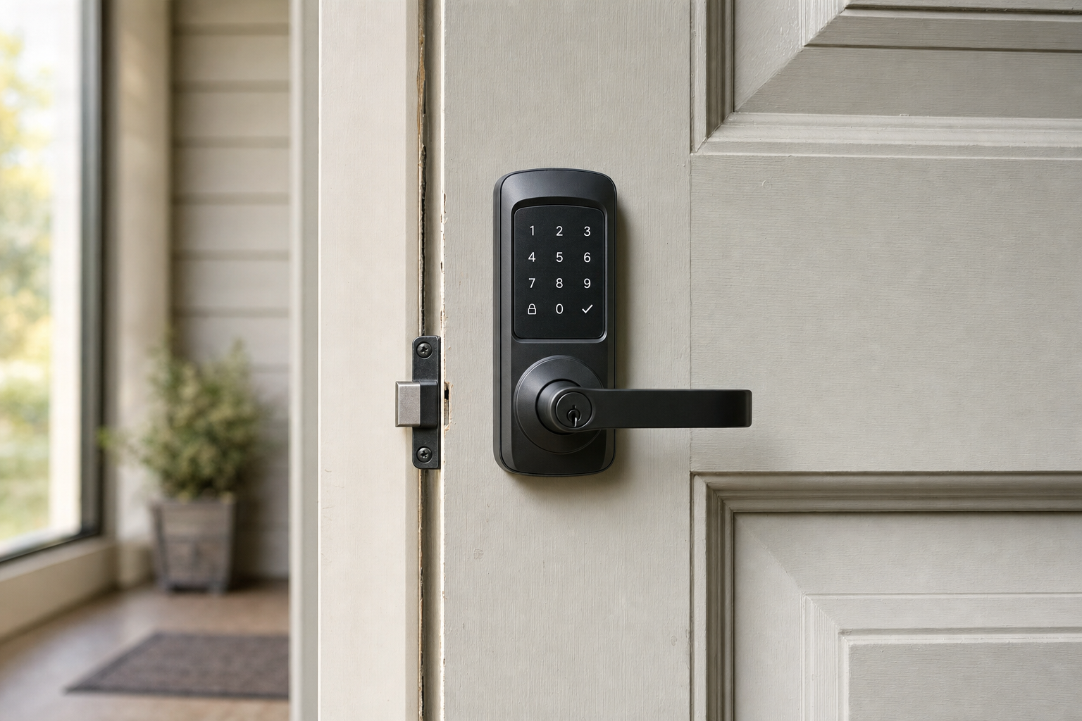 Smart lock with keypad on a partially open beige front door.