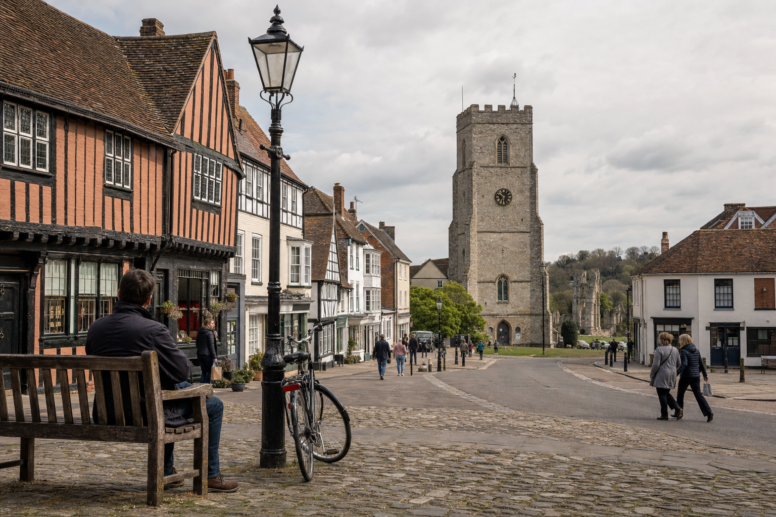 A person sits on a bench beside a bicycle in a quaint village street with historic buildings and a church tower.