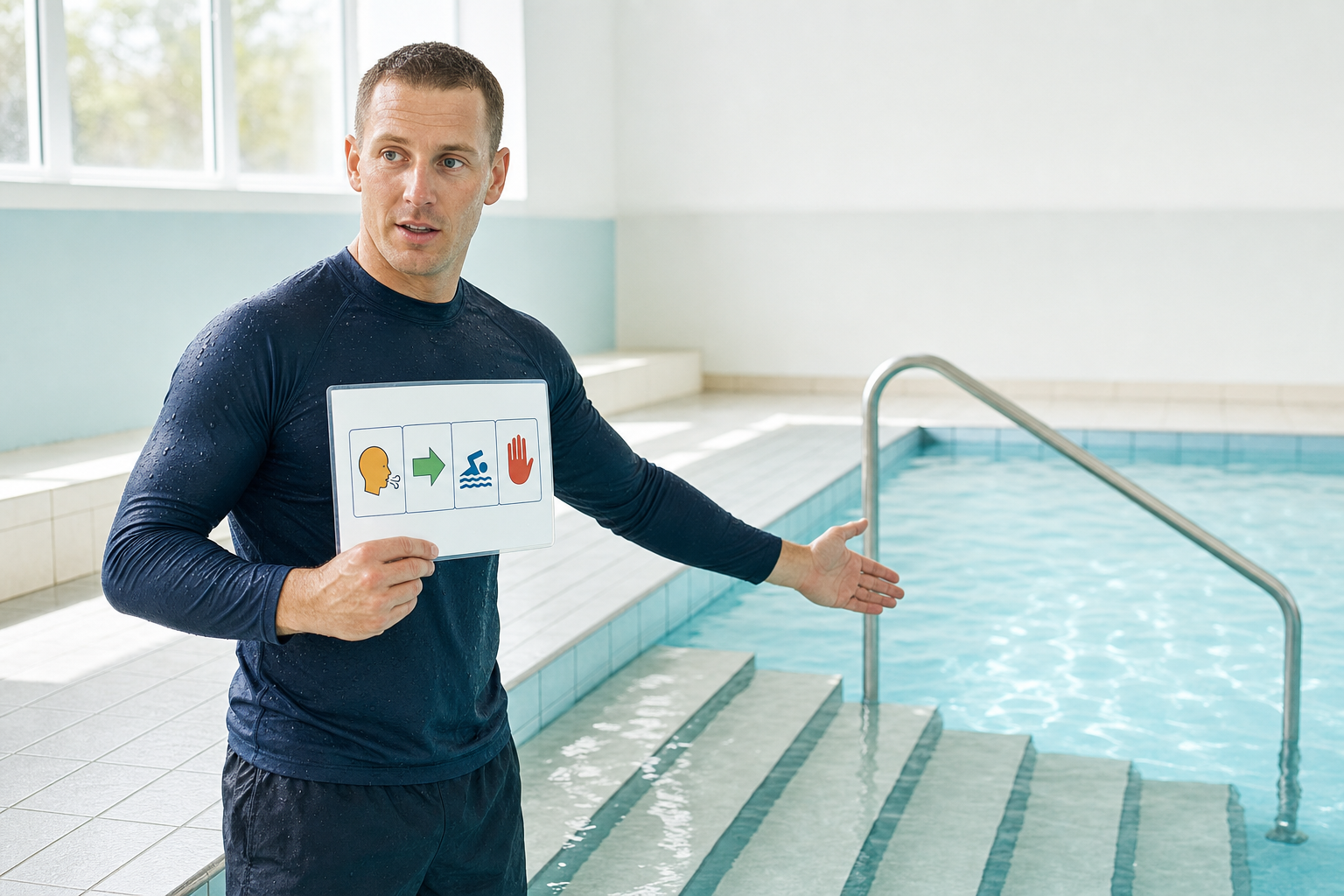 Swimming instructor holding a safety instruction card gestures towards a pool stairway.
