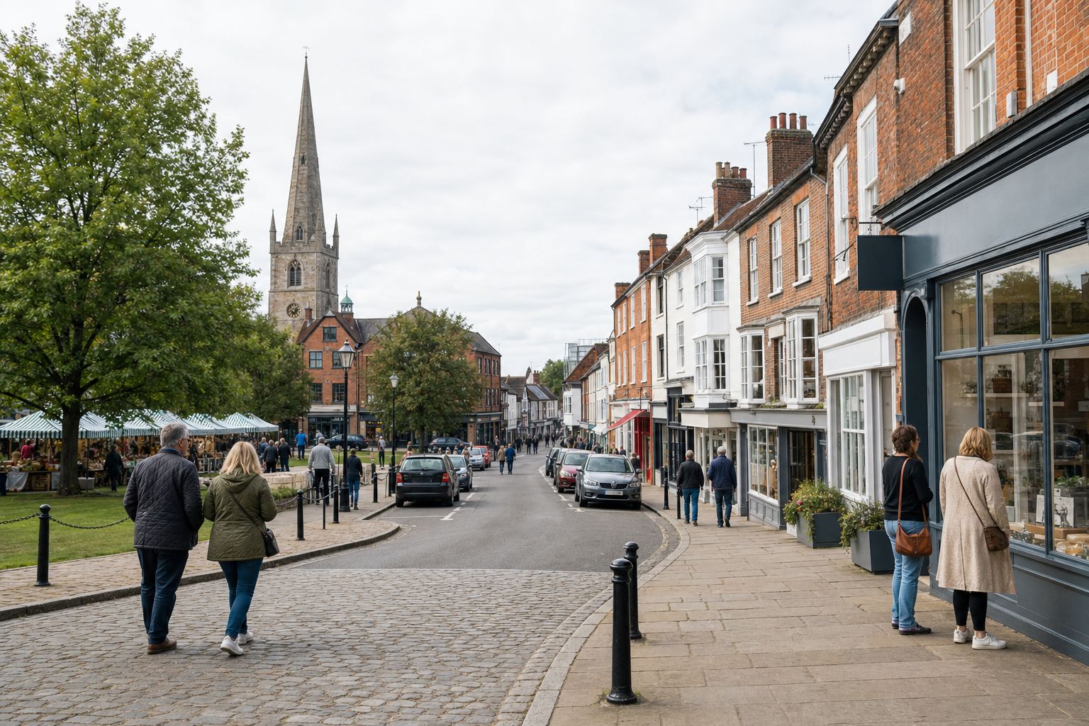 Pedestrians walk along a cobbled street lined with shops, with a church spire in the background and market stalls to the left.