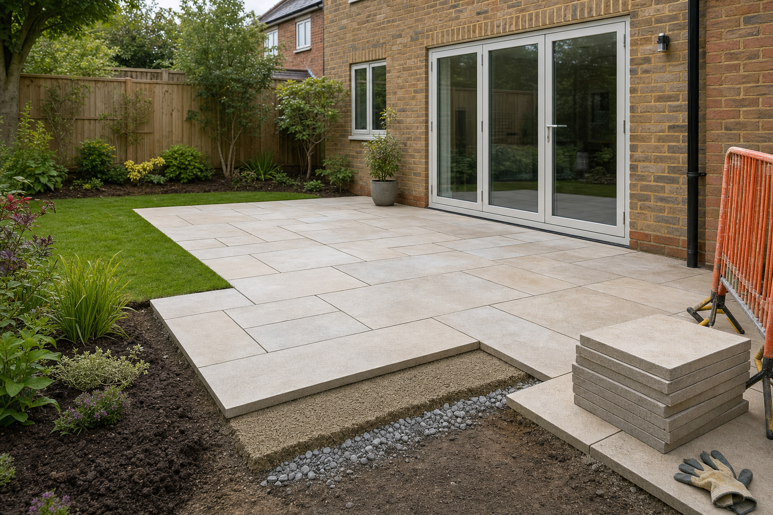 A modern patio with large beige tiles under construction next to a grassy garden and brick house.