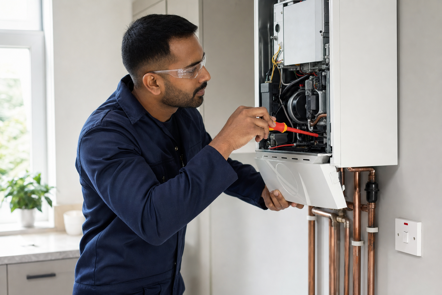 Engineer in safety glasses and blue coveralls repairs a wall-mounted boiler in a well-lit kitchen.