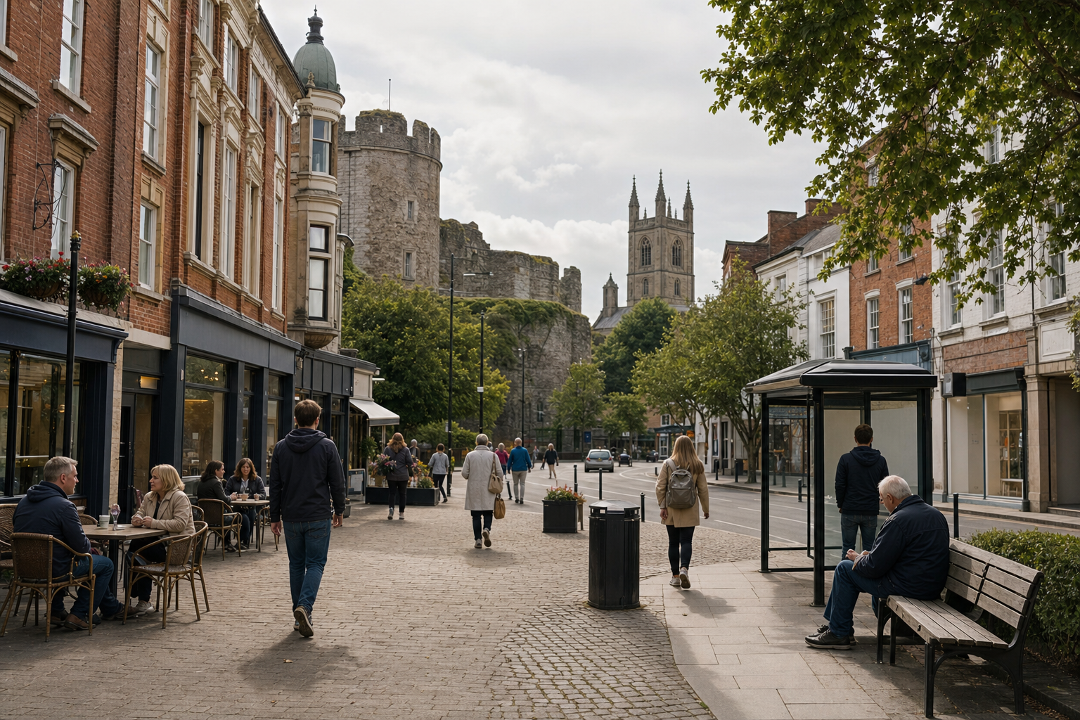 People walking and sitting in a historic town street with a castle and church in the background.