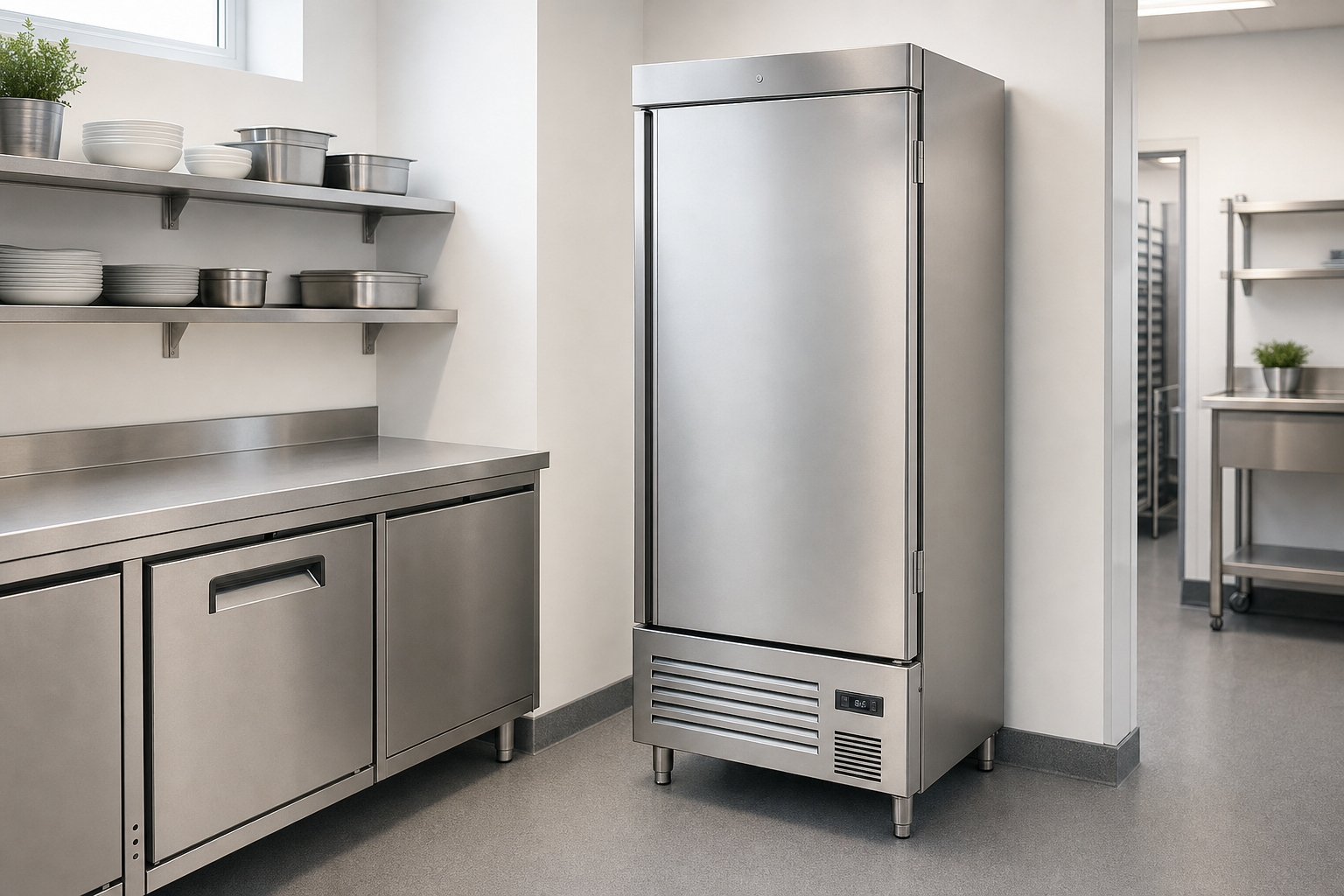 A modern stainless steel commercial kitchen with shelving, counter space, and a tall refrigerator unit.