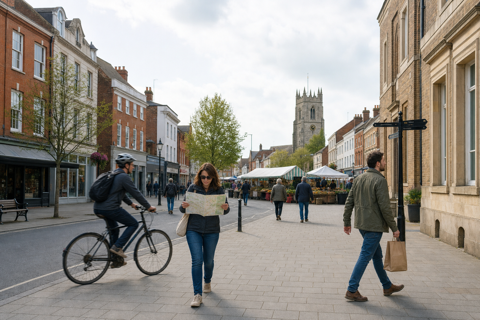 A woman reads a map in a bustling town square with people walking, a cyclist, and a church tower in the background.