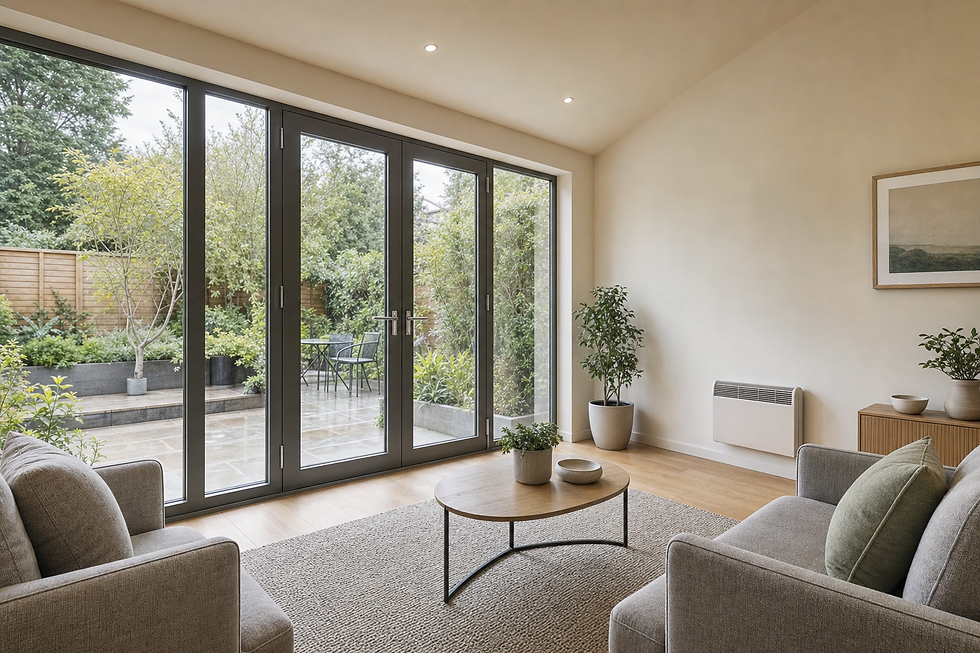 A bright living room with modern sofa, coffee table, and large glass doors leading to a lush garden patio.