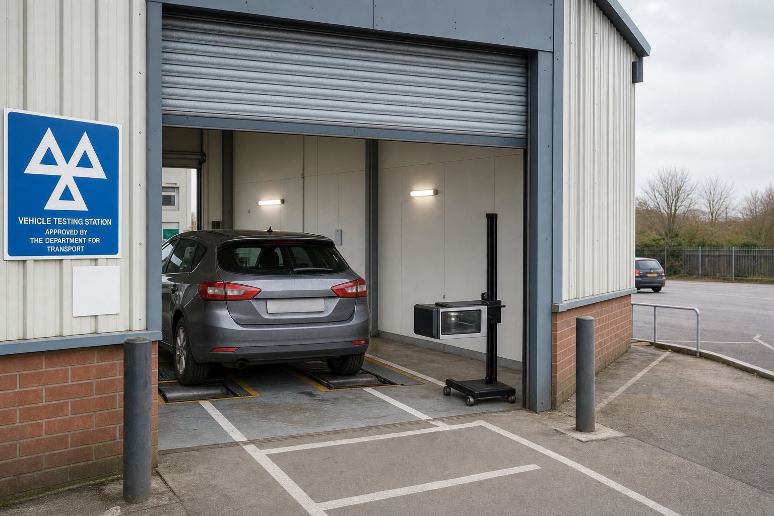 A silver car undergoing inspection inside a vehicle testing station with a Department for Transport sign.