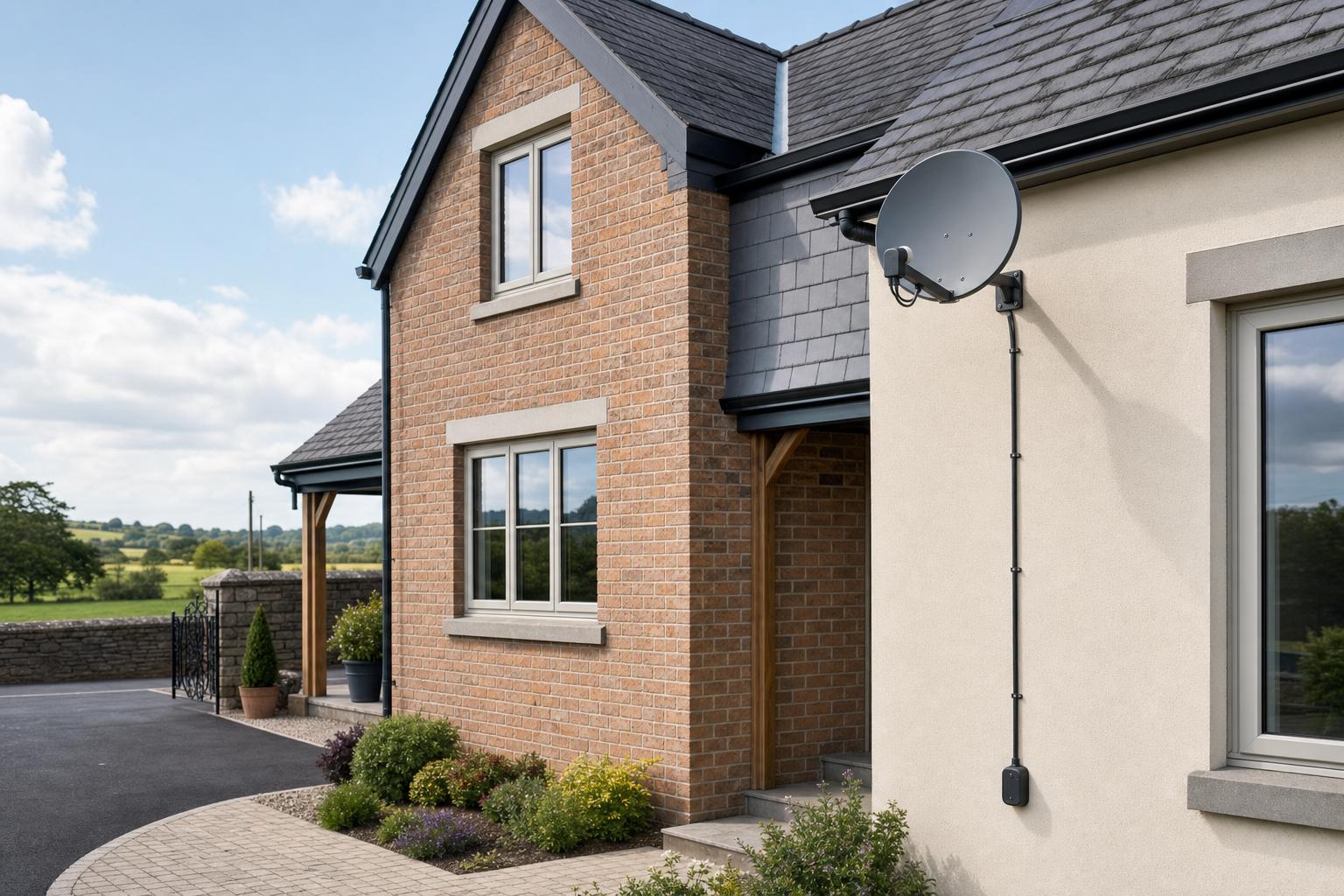 Modern brick and stucco house with satellite dish, surrounded by landscaped garden and countryside views.