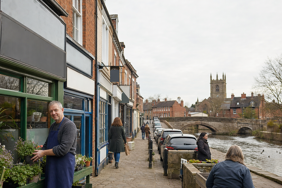A flower shop worker arranges plants outside on a bustling riverside street with a historic bridge and church in the background.